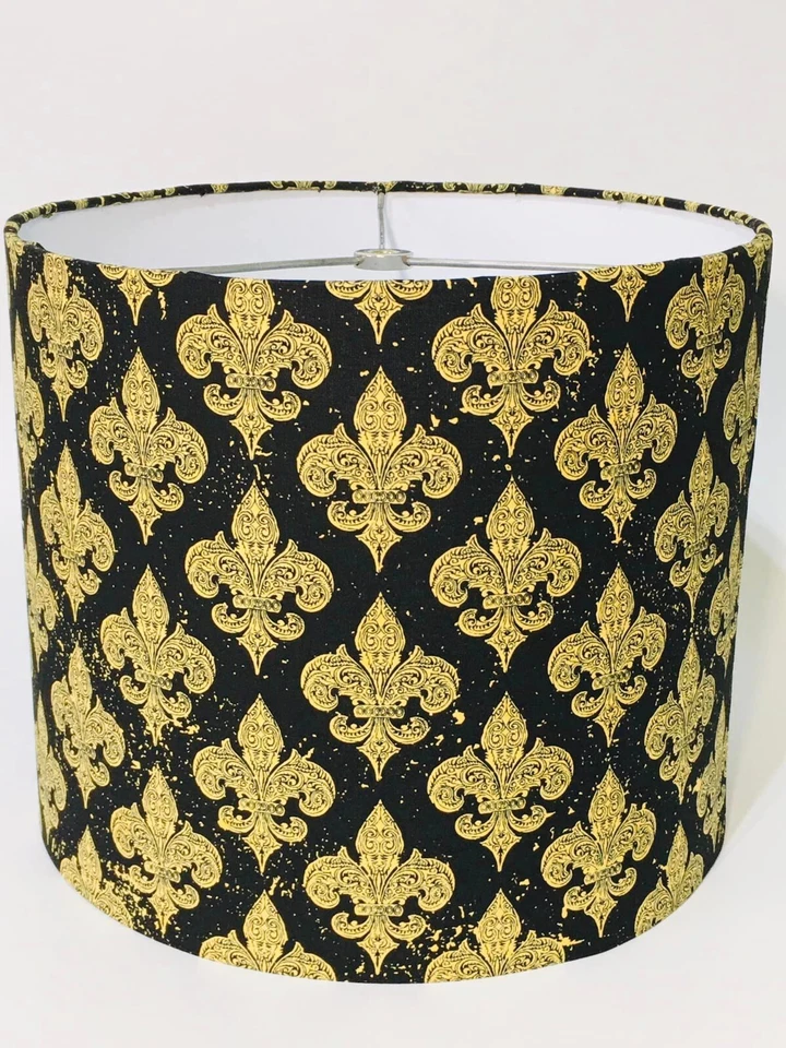 Handmade Lampshade Drum Unique Fabric Fleur de Lis Gold Black Pattern Decor USA - Image 2 of 4