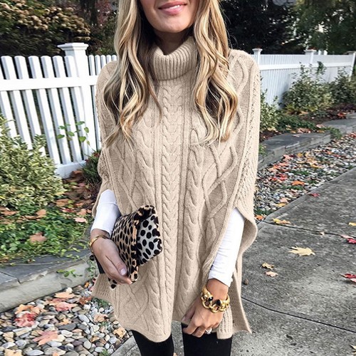 Poncho Suéter Cuello Alto Para Mujer Moda Grueso Tejido Capa Envoltura Suéteres Jerséis - Imagen 13 de 20