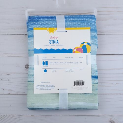 Fabric Tablecloth Indoor Outdoor 70 Inch Round Blue Stria - Picture 2 of 3
