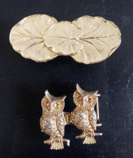 Vintage Pair Of Women's 1/2" Wide BELT BUCKLES 1970's Gold Tone Lilly Pads Owls