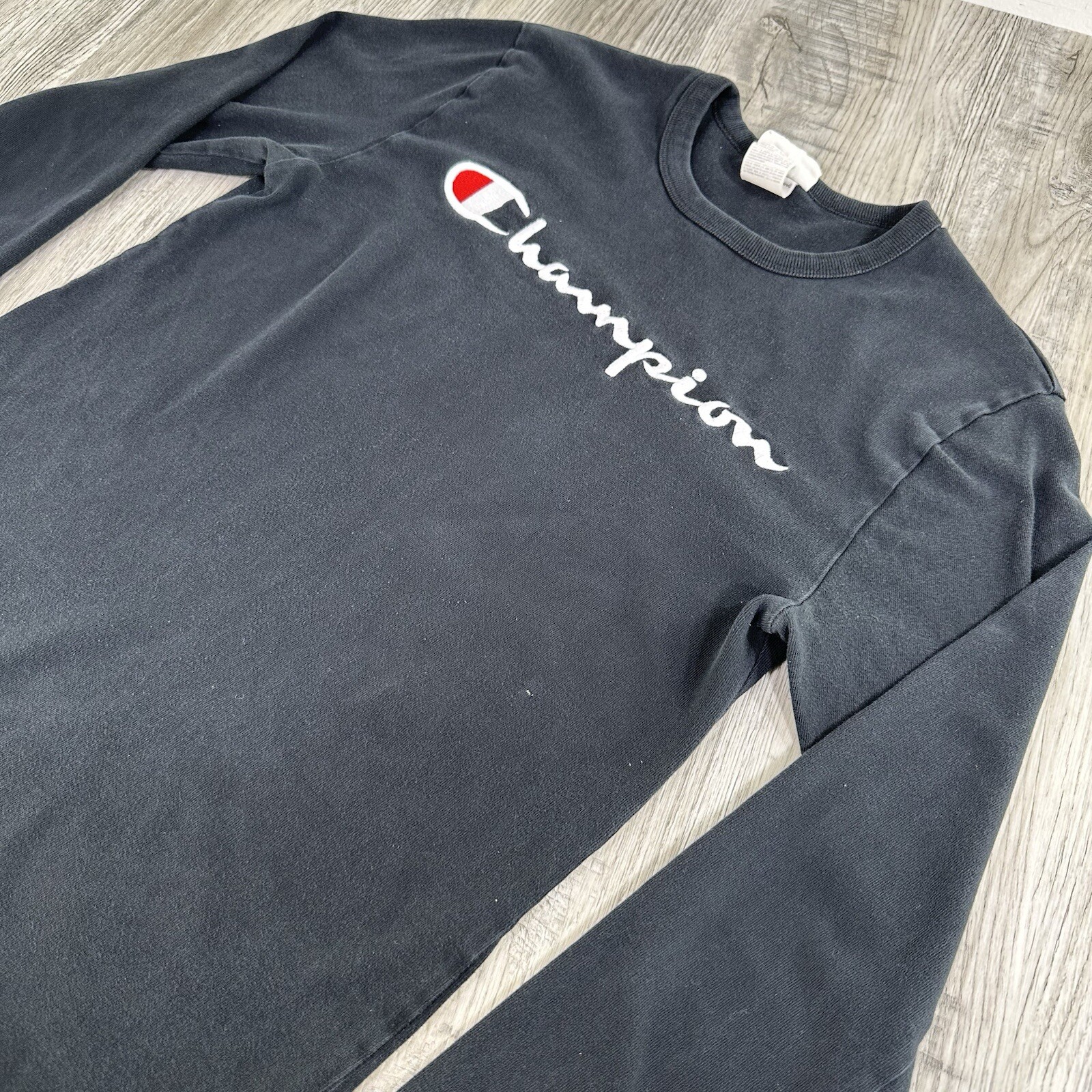 Vintage Champion T-Shirt Long Sleeve Black Womens Small Crewneck Embroidered