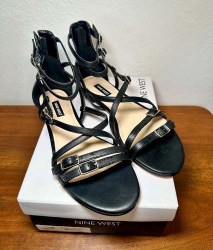 Nine West Lorna Flat Gladiator Sandals 8M Black Leather