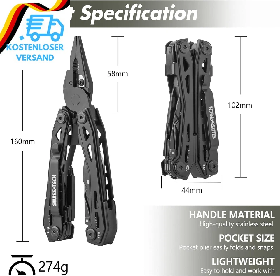 Swiss+Tech Multitool 16 in 1, Multifunktionszange Edelstahl Faltbares Multifunks - Bild 4 von 4