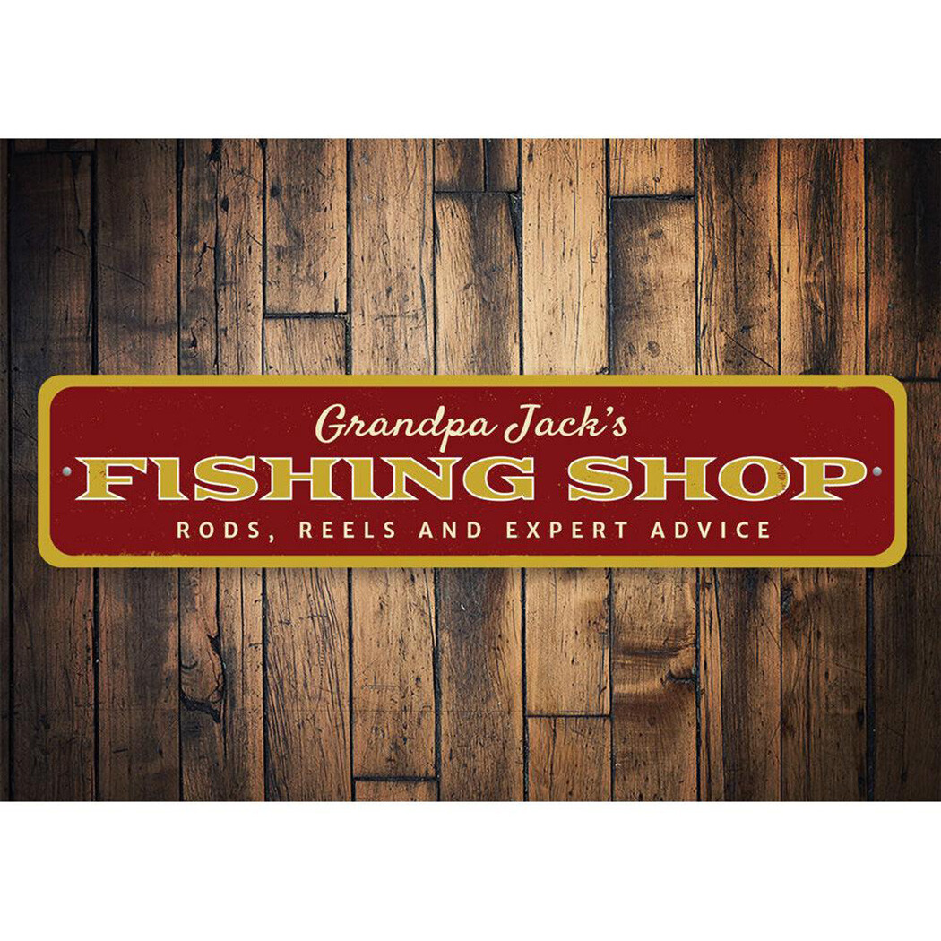 Fishing Shop Sign, Personalized Fisherman Name Sign, Rods Reels Metal Decor Sign