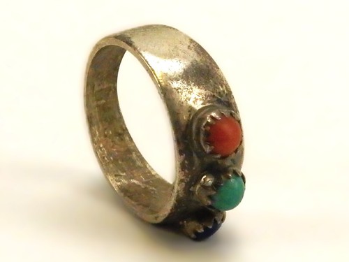 Vintage Sterling Ring, Blue/Green/Orange Coral Stone, Tapered, Size 6, JWL-303 - Foto 5 di 7