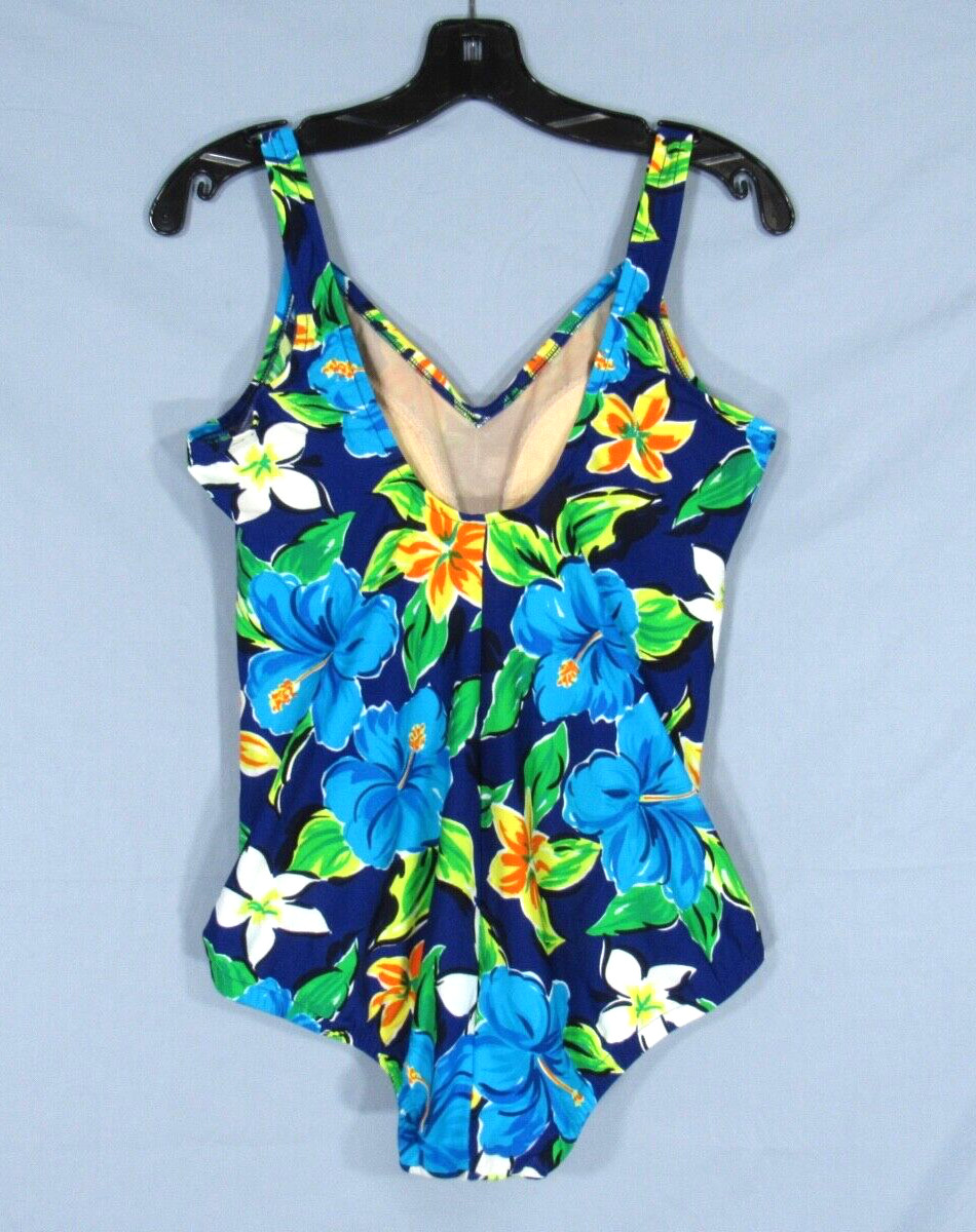 Vtg GABAR II SWIMWEAR Blue FLORAL Ruched BUILT-IN BRA 1pc SWIMSUIT Sz 40 (US L)