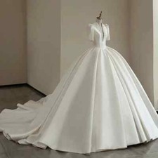 Elegant Soft Satin Wedding Dresses Beading V-Neck A-Line Ball Bridal Gowns Train