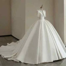 Elegant Soft Satin Wedding Dresses Beading V-Neck A-Line Ball Bridal Gowns Train