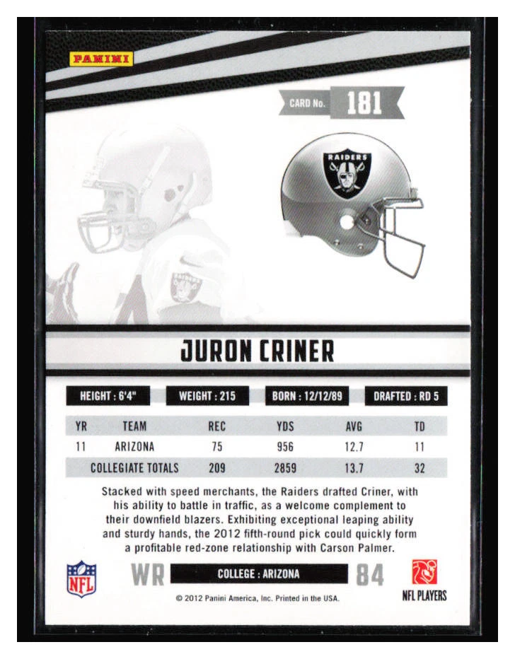 2012 Panini Rookies & Stars Longevity Rookie #181 Juron Criner RC - Image 2 of 2