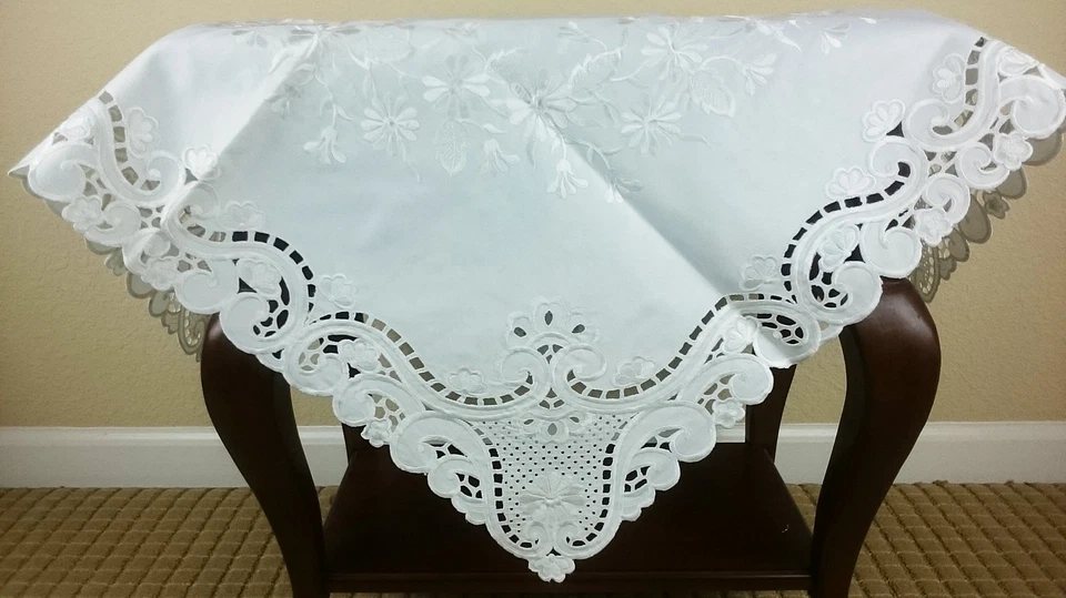 Wedding Fabric Solid White Embroidered Cutwork 33" Embroidery Tablecloth Square - Image 4 of 4