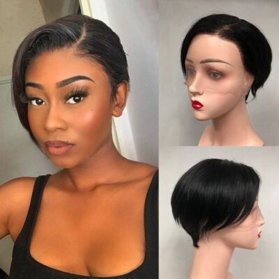 Short Straight Black Real Human Hair L Part Lace Front Wigs Pixie Cut Wigs Soft