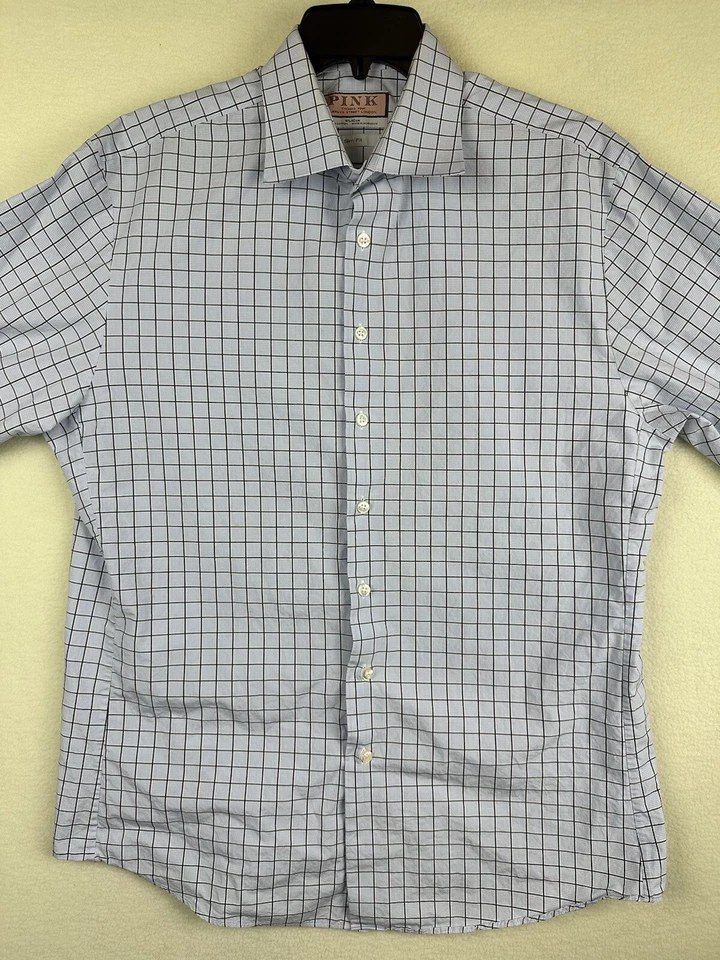 Pink Dress Shirt 16 1/2 42cm Blue Checkered French Cuff Slim Fit Long Sleeve - Image 2 of 4