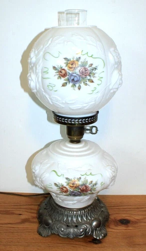 Vintage Fenton White Milk Glass w/Puffy Cabbage Roses GWTW Hurricane Lamp, 3-Way