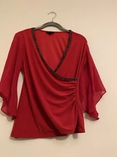 MSK Women Red Embellished Faux Wrap Sheer Chiffon Open Sleeves Blouse Size S
