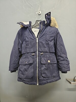 Girls Hooded H&M Puffy Jacket Blue Faux Fur Size 4T Fur On Hood Matted 