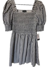 Everlily Gingham Smocked Juliet Sleeve Checkered Cotton Mini Dress Lg New