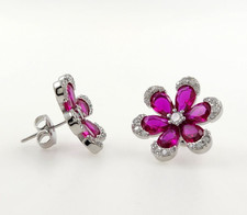 3ct.Pear Shape Genuine Ruby 17mm Flower Stud Earrings 14K Gold Plated Silver