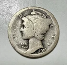 1916 Mercury Dime, 1st Year of Issue, AG-G Details, Est. 10,000 Survival Rate