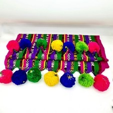 Guatemalan Rebozo Shawl Table Runner Ikat Pom Pom Fringe Purple Neon Boho 71"