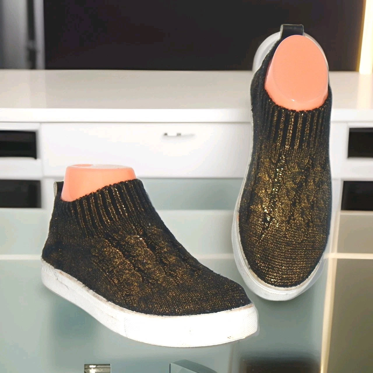Qupid Gold Metallic Women’s Slip On Sock Shoe Size 5 Knitted Fabric Glitter #