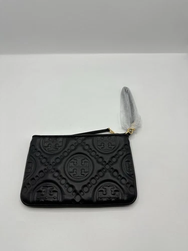 AUTENTICA NUOVA CON ETICHETTE Tory Burch T Monogram Puffy borsa da polso in morbida pelle nero