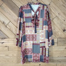 DR2 Patchwork Dress Womens Large Long Sleeve Tie Neck Paisley Multicolor B50854