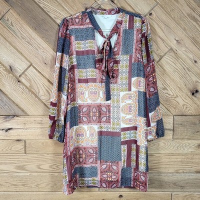 DR2 Patchwork Dress Womens Large Long Sleeve Tie Neck Paisley Multicolor B50854