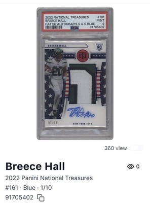 Panini National Treasures Breece Hall #161 RPA S&S Blue /10 PSA 9