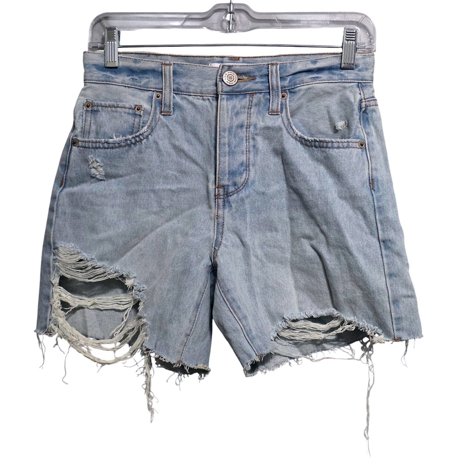 RSQ Womens 23 Mid Distressed Denim Shorts Light Wash Blue Raw Hem High Rise