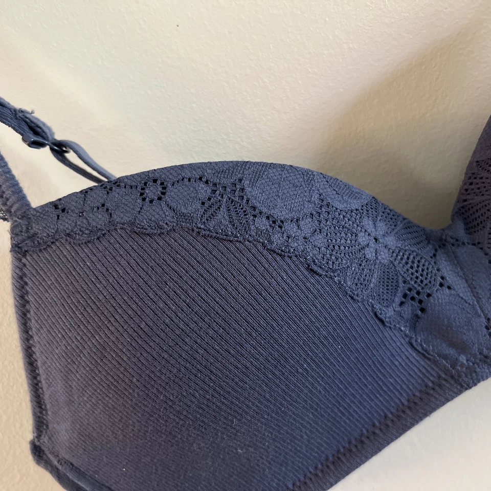 NUEVO Sujetador Aerie Real Happy Inalámbrico Ligeramente Forrado Algodón y Encaje AZUL 36A Bralette Foto 2 de 4