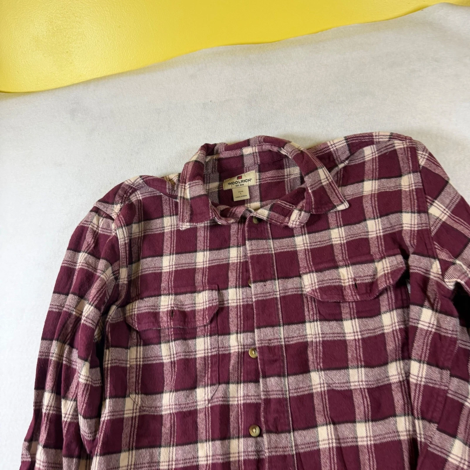 Woolrich Mens Burgundy Plaid Flannel Button Down Shirt Long Sleeve Size L 6393
