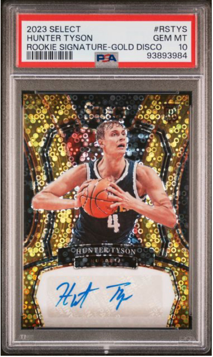 2023-24 Panini Select Hunter Tyson Rookie Gold Disco Prizm Auto RC #/10 PSA 10