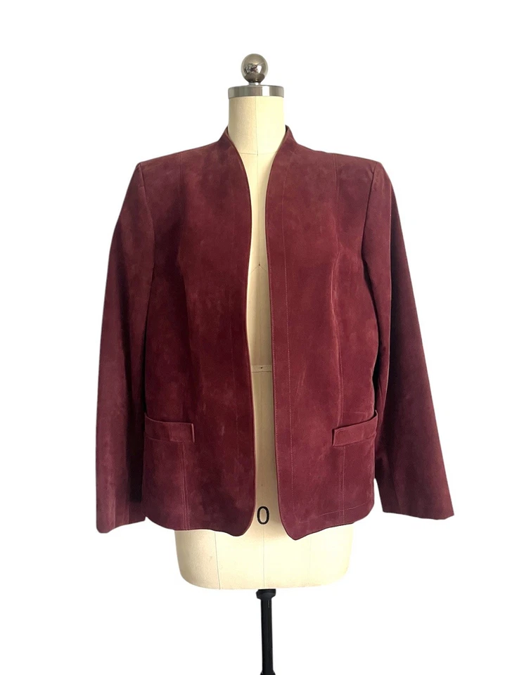 复古 70 年代波尔多红色麂皮绒丝绒夹克开襟经典西装外套女式 — 第 2/4 张图片