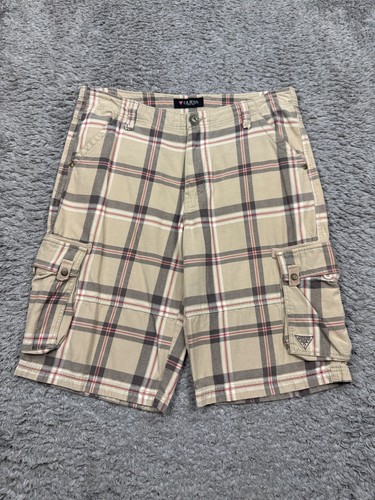 Vtg Guess Cargo Shorts Men 34x12 Baggy Beige Plaid Skater Hip Hop Y2K Chino