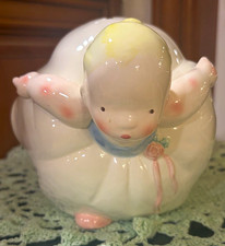 Ceramic Baby Girl Character Piggy Bank White Dress Pink Ribbon