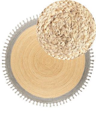 Boho Teppich Rund ø 200 cm Natürliche Jute Handgeflochten Beige und Grau Marts