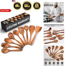 Wooden Cooking Utensils Set 9 Pieces Teak Kitchen Spoons Non-Stick Durable