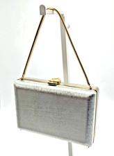 Silver Metallic Evening Purse Hard Shell Lined Inside Pockets Vintage