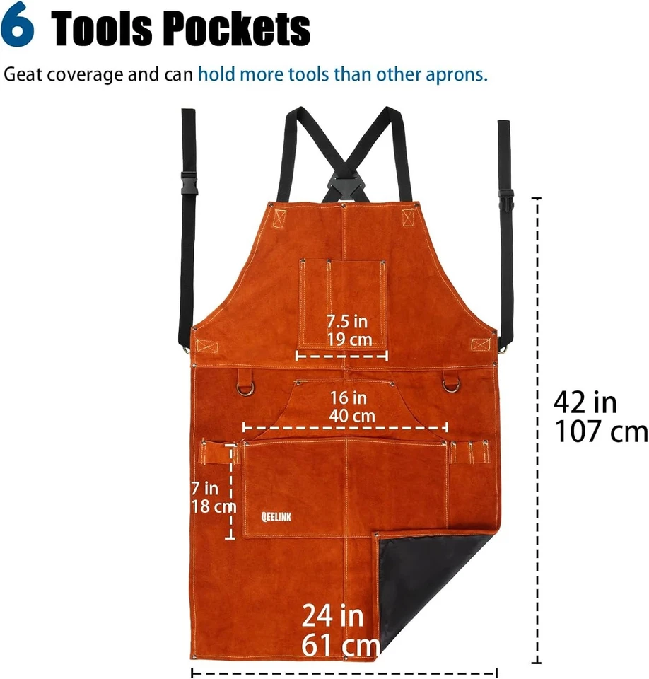 Delantal de soldadura de cuero ajustable con 6 bolsillos para herramientas - resistente al calor, de M a XXXL Foto 4 de 4