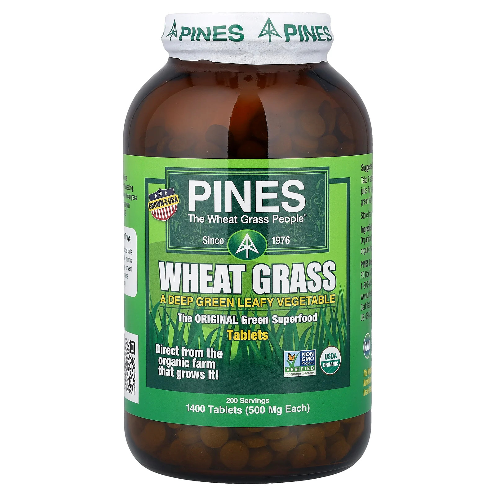 Pines International Organic Pines Wheat Grass 500 mg 1400 Tablets Gluten-Free