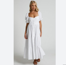 Showpo Palmer Midi Dress US 6 White Puff Sleeve Button Ruffle Tiered Trad Wife