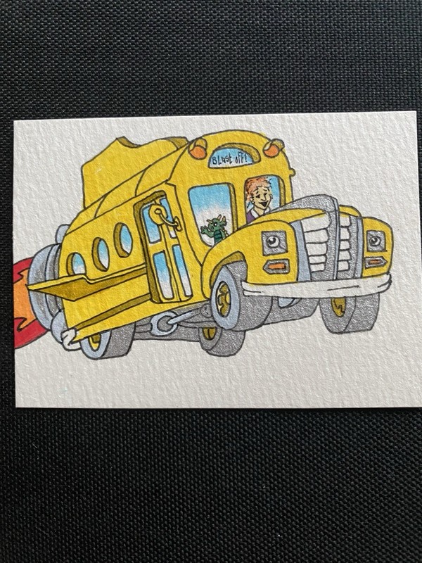 Magic School Bus ACEO hand painted Art trading card acrylic micron 2.5x3.5