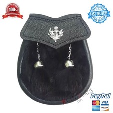 Child's Kilt Sporran Black Rabbit Fur Thistle/Kids Sporran Leather/Kilt Sporrans