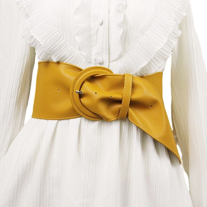 Women Round Pin Buckle Faux Leather Wide Belt Dress Corset Waistband One Size - Image 3 of 4