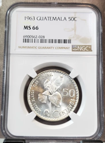 1963 GUATEMALA SILVER 50 CENTAVOS WHITE NUN ORCHID NGC MS 66 SCARCE GEM BU