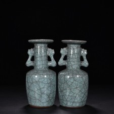 8.7" China old song dynasty Porcelain guan kiln pair Ice crack double ear vases