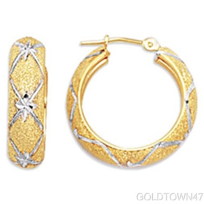 Creolen 10 Karat Gelb+Weißgold 6,0 mm glänzend strukturiert mit Diamantmuster 