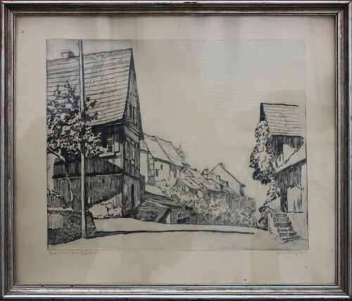 Dorfstrasse Fachwerkhäuser Radierung, datiert 1945   51,5 X 60,5 cm - Picture 1 of 1