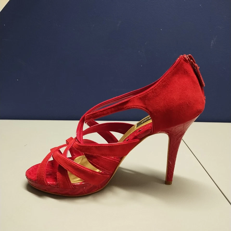Tacones White House Black Market Rioja para mujer talla 8,5 cuero rojo punta abierta cremallera trasera Foto 3 de 4