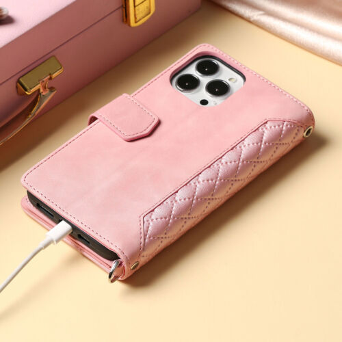 Zipper Grid Leather Wallet Phone Case For iPhone 14 13 12 11 Pro Max X XR SE 8 7 - Picture 7 of 55